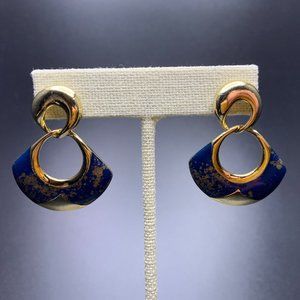 Speckled Enamel Earrings Gold Tone Blue Dangle Bold Classic Pierced Vintage